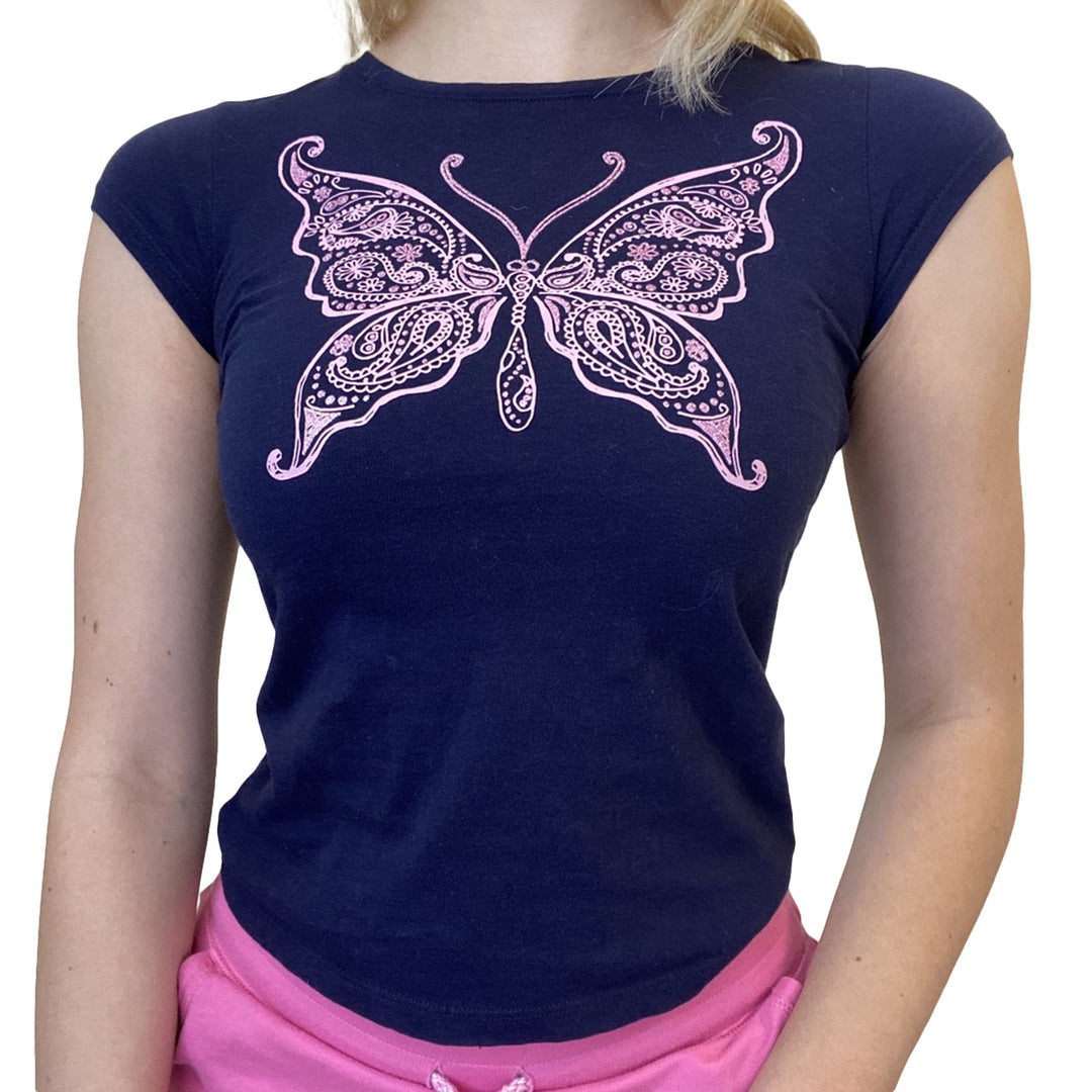 Damen lässiges Grafik-Crop-Top mit Rundhals-Ausschnitt Echo Archiv
