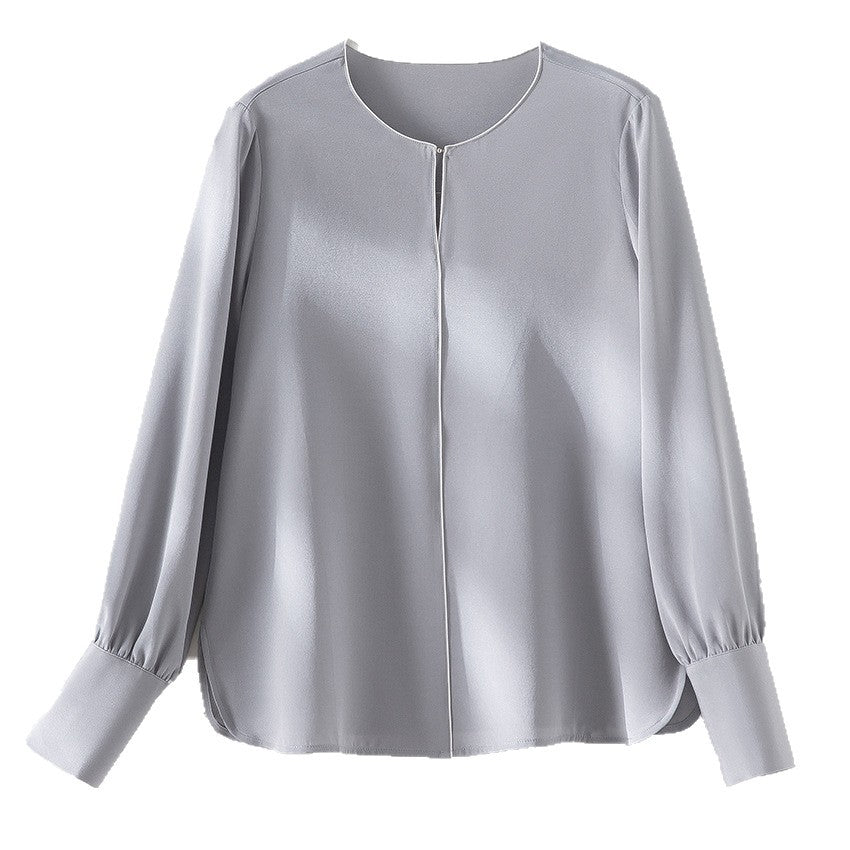 Damen Elegante seidenähnliche Bluse mit Kontrastpaspel und verlängerten Manschetten Echoarchiv