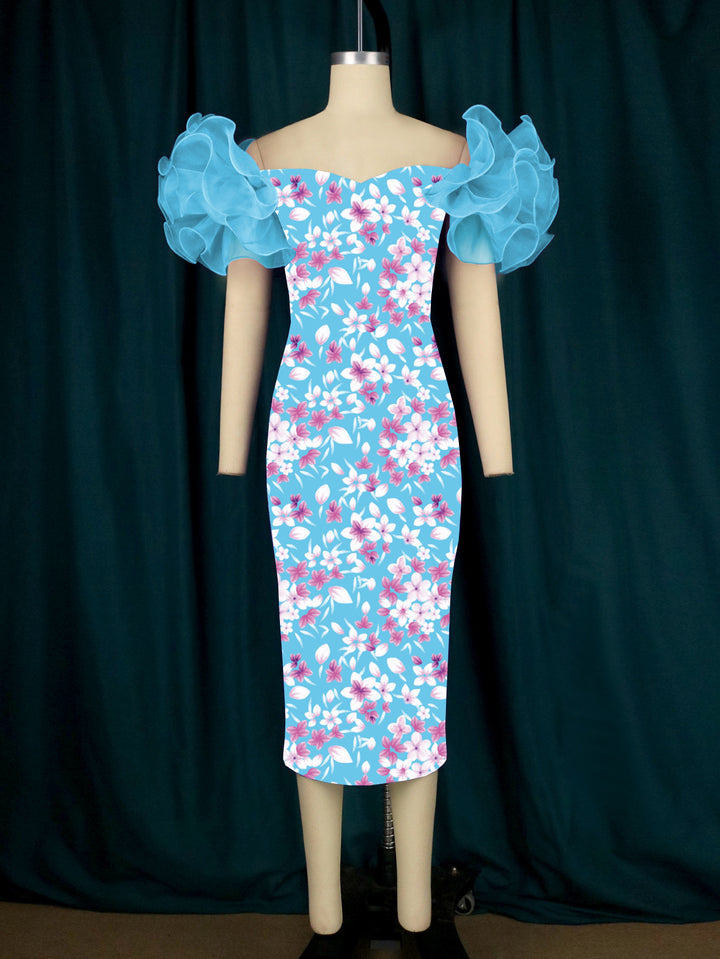 Damen Elegantes Midi-Kleid mit innovativen Puffärmeln und kunstvollem Druck Echo Archiv