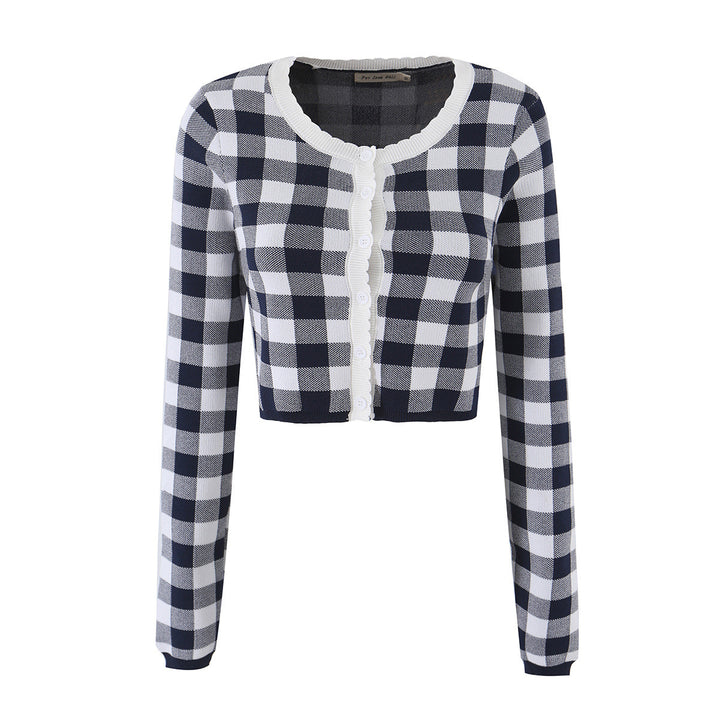 Damen Kurze karierte Feinstrick-Cardigan mit Wellenkante und Perlmuttknöpfen Echo Archiv