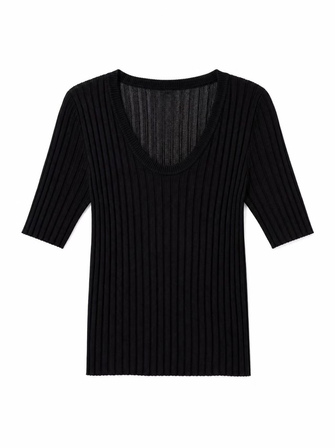 Damen Geripptes Feinstrickshirt mit tiefem U-Ausschnitt und halblangen Ärmeln Echo Archiv