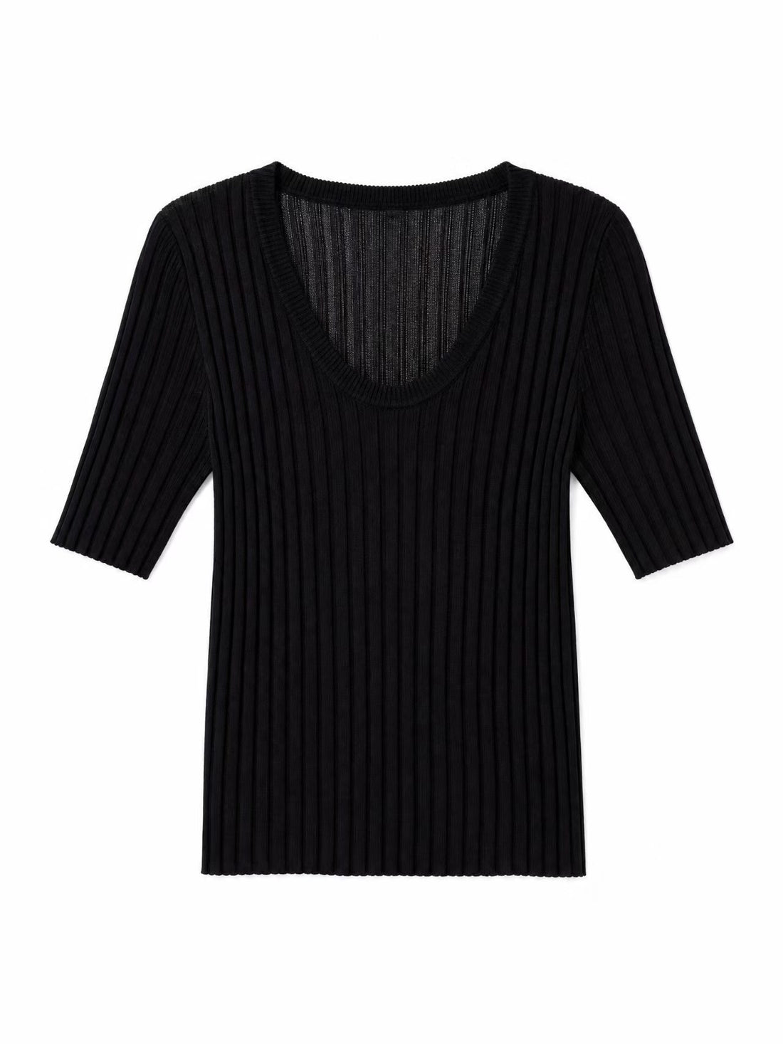 Damen Geripptes Feinstrickshirt mit tiefem U-Ausschnitt und halblangen Ärmeln Echo Archiv