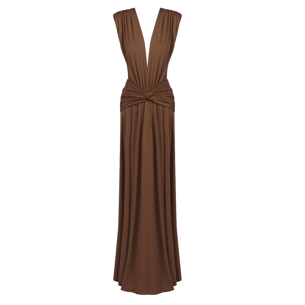 Damen elegantes Maxikleid mit tiefem V-Ausschnitt und drapiertem Bund Echo Archiv