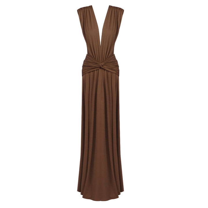 Damen elegantes Maxikleid mit tiefem V-Ausschnitt und drapiertem Bund Echo Archiv