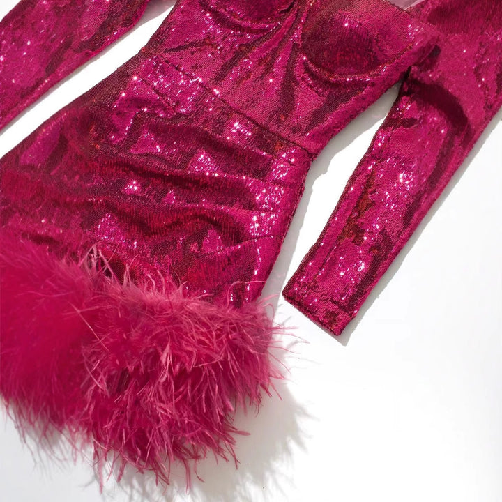 Damen Glitzerndes Cocktailkleid mit Puffärmeln und Federn Echo Archiv