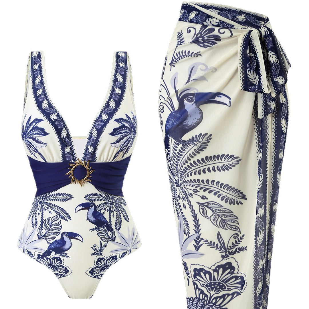 Damen Einteiliger Badeanzug mit floralem Design und elegantem Wickelrock Echo Archiv
