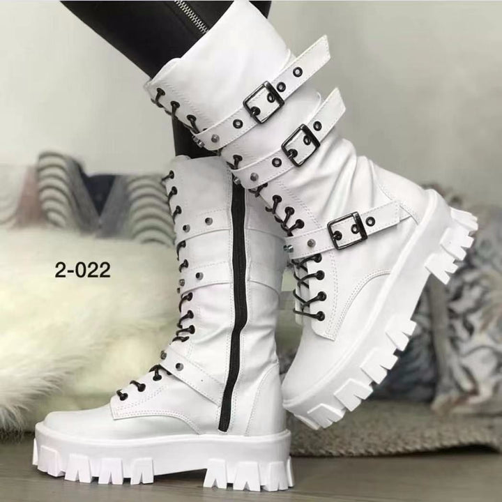 Damen Plateau-Bikerstiefel mit grober Profilsohle, Schnürung, Reißverschluss und verstellbaren Zierschnallen Echo Archiv