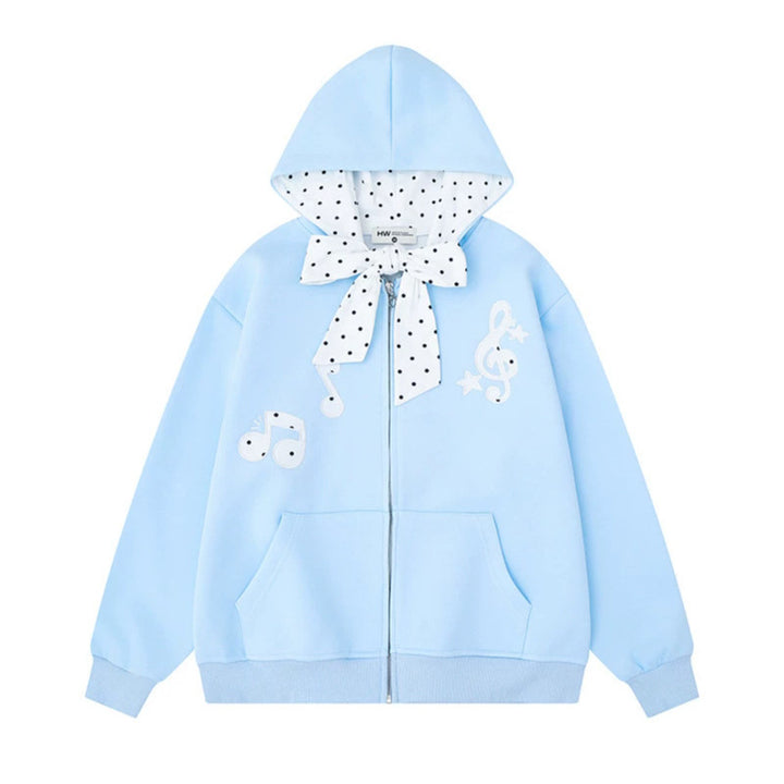 Damen Kapuzensweatjacke mit gepünktetem Kapuzenfutter, dekorativer Schleife und Notenmotiv Echoarchiv