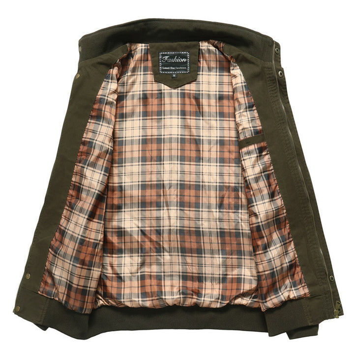 Herren Canvas-Bomberjacke mit kariertem Innenfutter, Stehkragen und Abzeichenapplikationen – Brevano