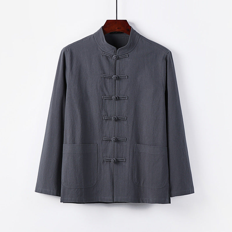Herren traditionelle Tang-Jacke mit Stehkragen und Knotenknöpfen aus Leinenmischung Echoarchiv