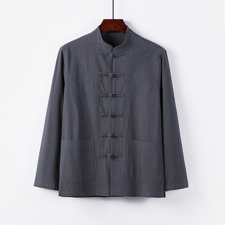 Herren traditionelle Tang-Jacke mit Stehkragen und Knotenknöpfen aus Leinenmischung Echoarchiv