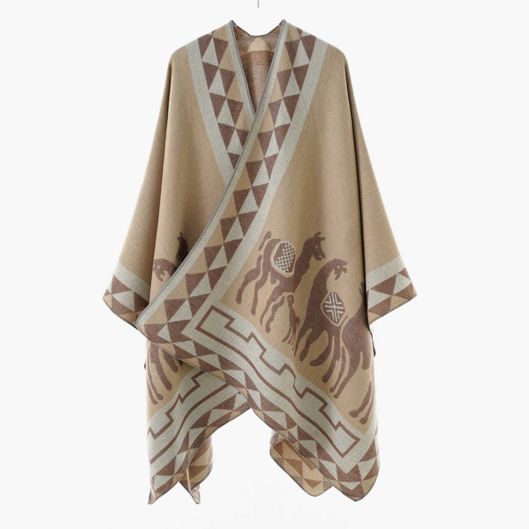 Damen Wolloptik-Poncho im Überwurfstil mit grafischem Reiter-Jacquard – Avérine