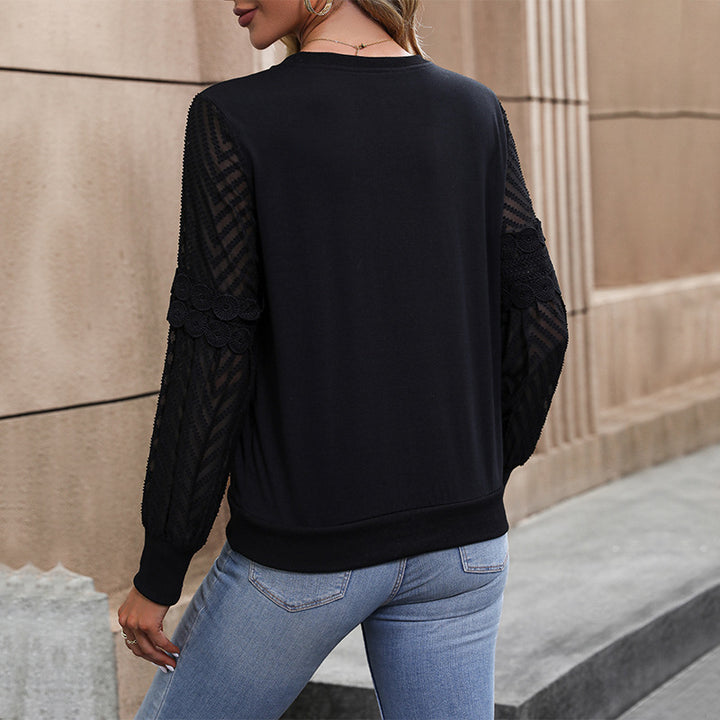 Damen Elegant-lässiges Langarmshirt mit Rundhalsausschnitt und gehäkelten Spitzenärmeln Echoarchiv