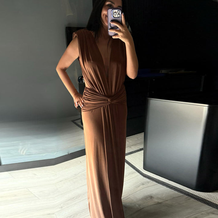Damen elegantes Maxikleid mit tiefem V-Ausschnitt und drapiertem Bund Echo Archiv
