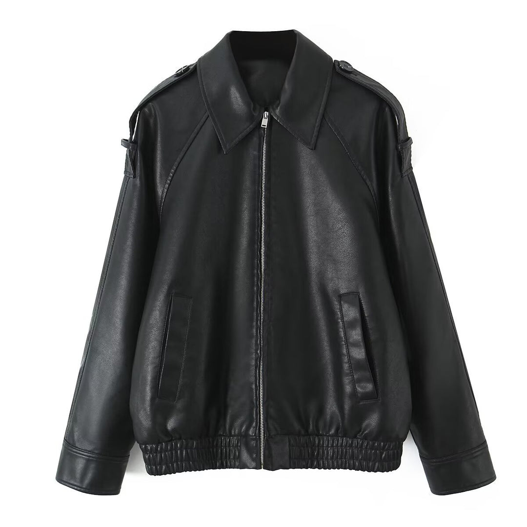 Damen Oversized Lederimitat-Flightjacke mit Bonded-Kragen, Schulterklappen und elastischem Saum Echo Archiv