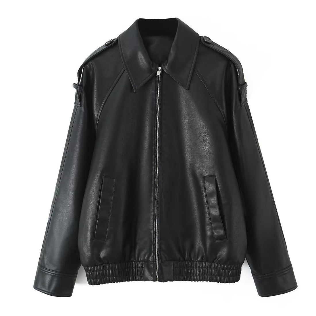 Damen Oversized Lederimitat-Flightjacke mit Bonded-Kragen, Schulterklappen und elastischem Saum Echo Archiv