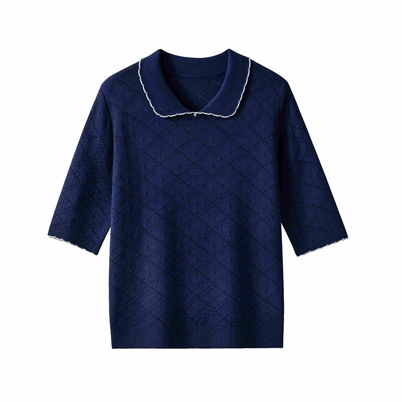 Damen Kurzarm-Feinstrickpullover mit Peter-Pan-Kragen, Ajour-Diamantmuster und feiner Kontrastkante Echo Archiv