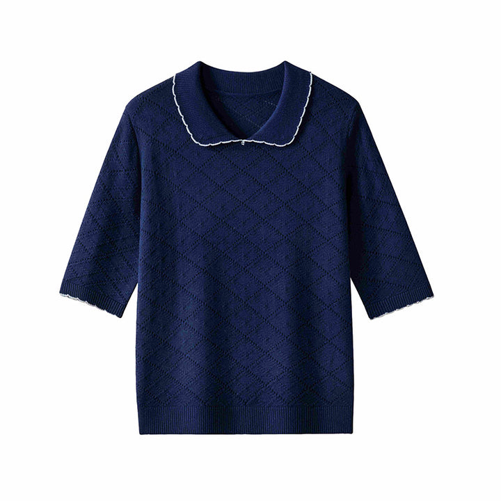 Damen Kurzarm-Feinstrickpullover mit Peter-Pan-Kragen, Ajour-Diamantmuster und feiner Kontrastkante Echo Archiv