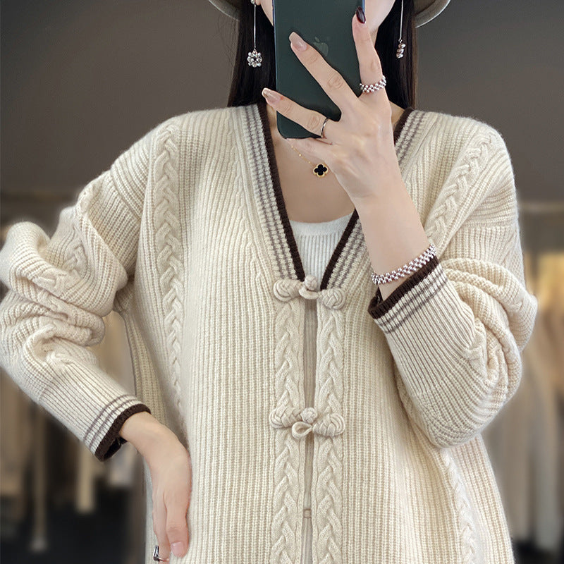 Damen Strickcardigan mit Zopfmuster und dekorativen Knotenverschlüssen Echoarchiv