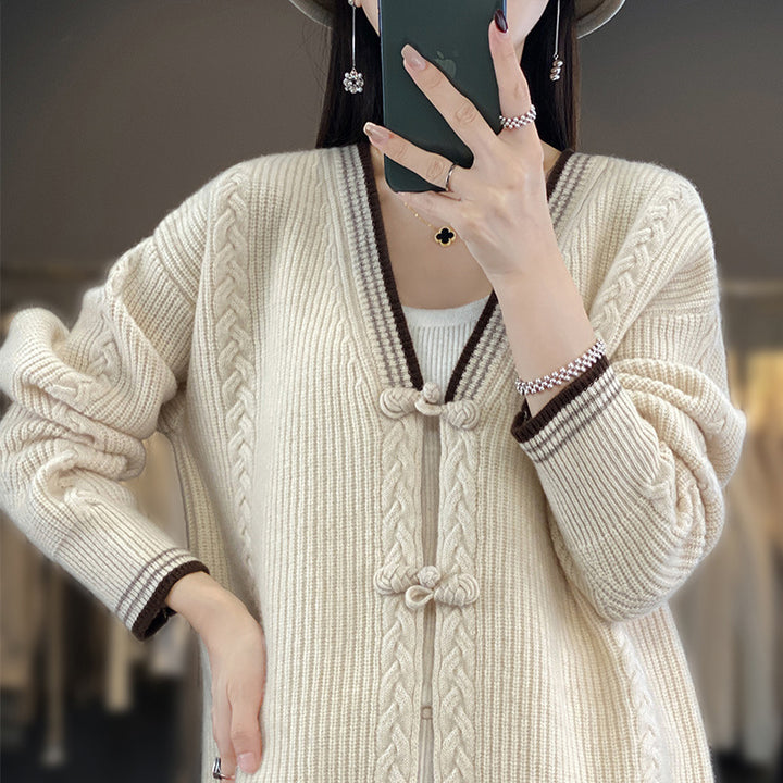 Damen Strickcardigan mit Zopfmuster und dekorativen Knotenverschlüssen Echoarchiv