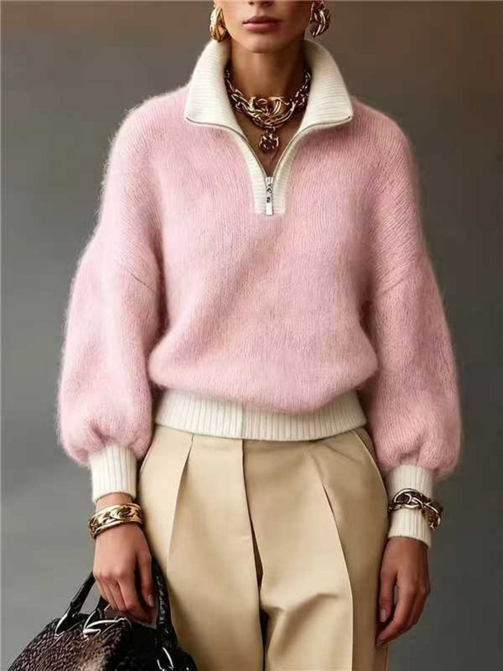 Damen Flauschiger Pullover mit halbem Reißverschluss, Stehkragen und Ballonärmeln – Mavelle