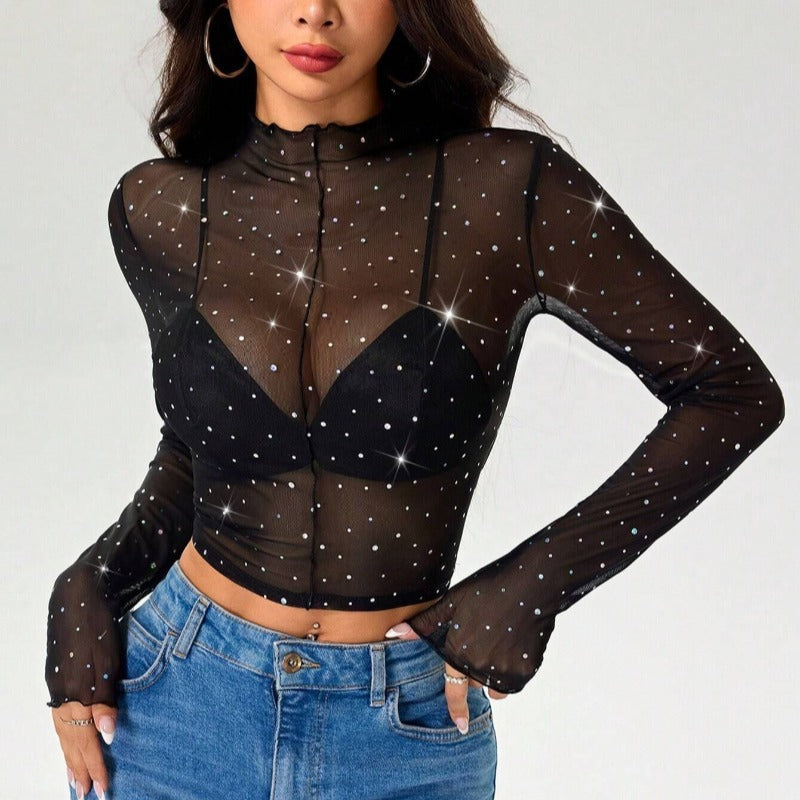 Damen Sexy Crop-Top aus transparentem Netz mit funkelnden Akzenten Echo Archiv