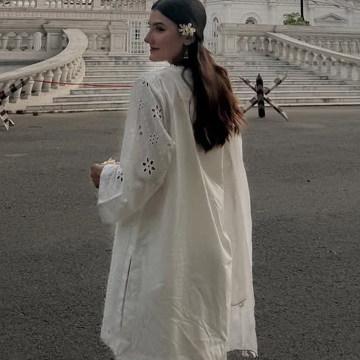 Damen Lockertes Tunika-Set mit Broderie Anglaise und weiten Pluderhosen Echoarchiv