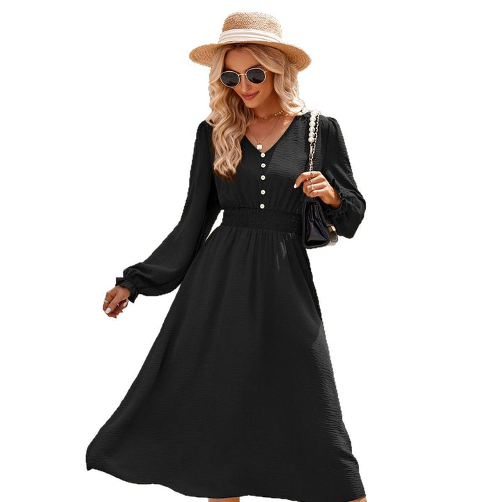 Damen Midikleid mit V-Ausschnitt, geraffter Smock-Taille und Knopfleiste – Élara
