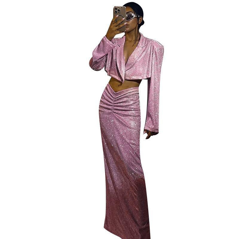 Damen Glitzerndes Crop-Oberteil und Wickelrock Set Echo Archiv