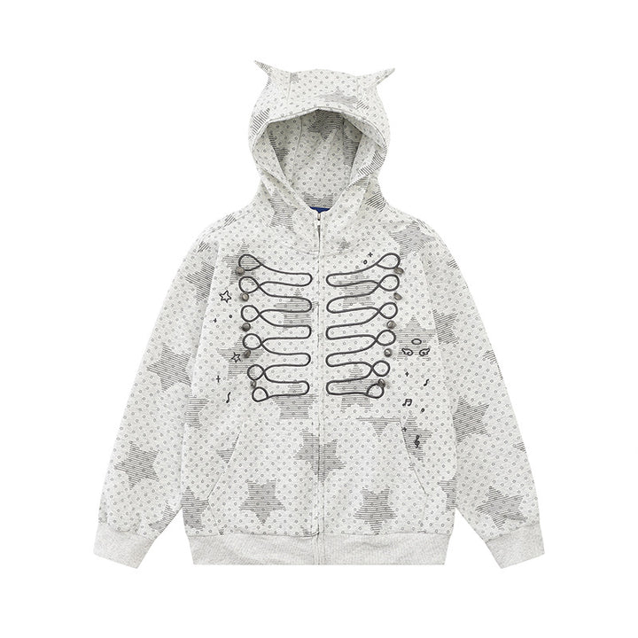 Damen Kapuzen‑Sweatjacke mit 3D‑Ohrenapplikationen, durchgehendem Reißverschluss und verspieltem Militär‑Illustrationsprint Echoarchiv
