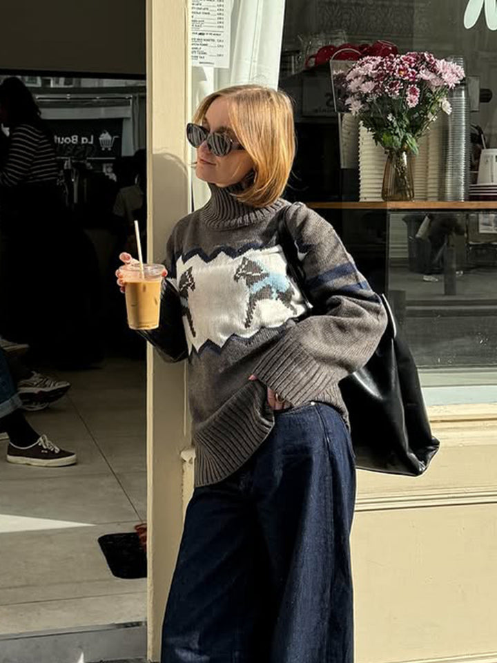 Damen Oversize-Rollkragenpullover mit Norweger-Intarsien und gerippten Bündchen Echoarchiv