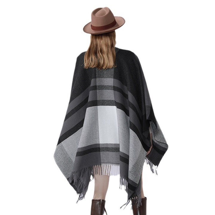 Damen Wollmix-Capeponcho mit V‑Ausschnitt, Blockstreifen und Fransen – Avérine