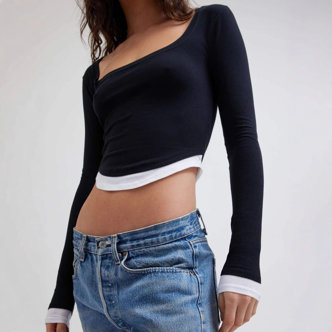 Damen Cropped-Langarmshirt mit eckigem Ausschnitt und kontrastbündchen – Avérine
