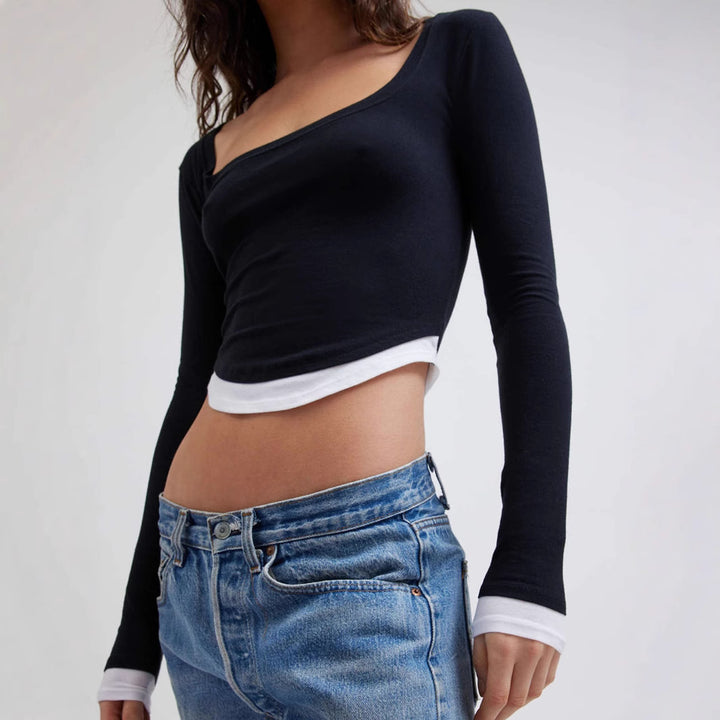 Damen Cropped-Langarmshirt mit eckigem Ausschnitt und kontrastbündchen – Avérine