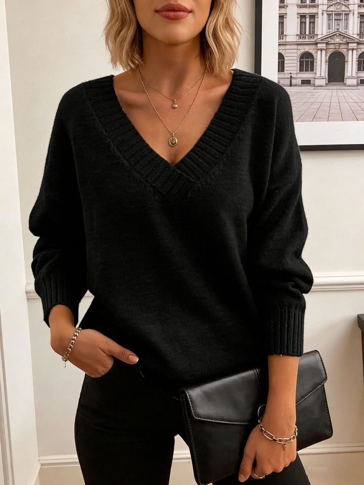 Damen Feinstrickpullover mit tiefem V-Ausschnitt und überschnittener Schulter – Mavelle