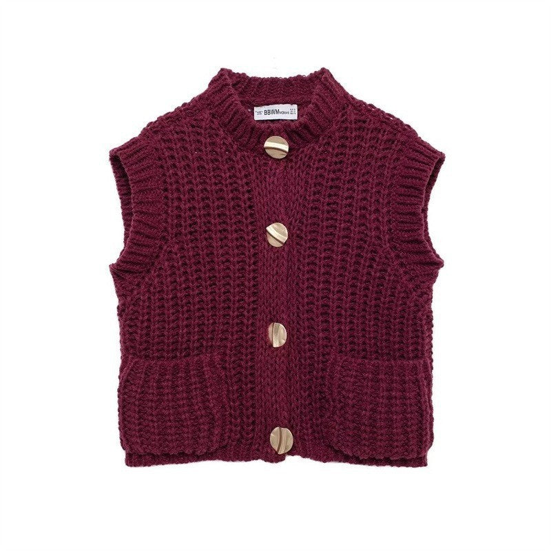Damen grobgestrickte Woll-Boxy-Weste mit Zierknöpfen und Eingrifftaschen – Veloura