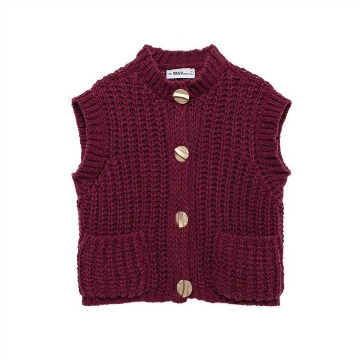 Damen grobgestrickte Woll-Boxy-Weste mit Zierknöpfen und Eingrifftaschen – Veloura