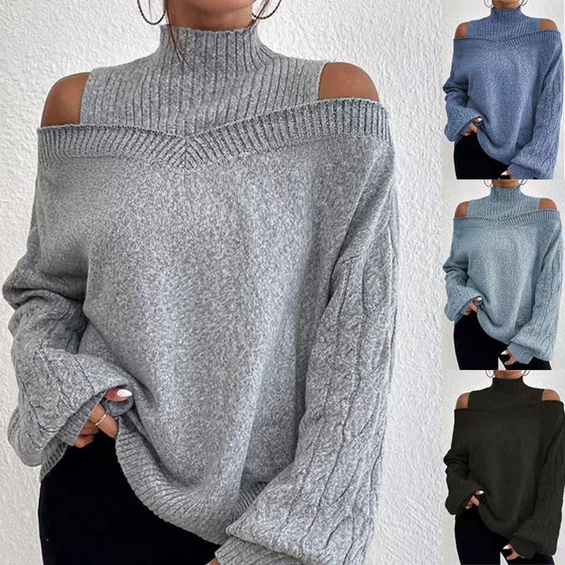 Damen nan schulterfreier Strickpullover mit Stehkragen und Zopfmusterärmeln Echo Archiv
