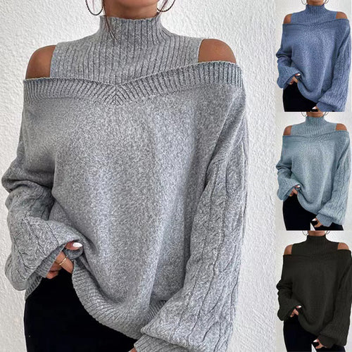 Damen nan schulterfreier Strickpullover mit Stehkragen und Zopfmusterärmeln Echo Archiv