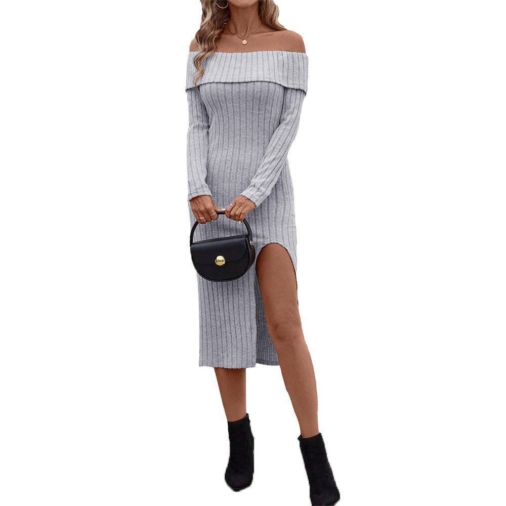 Damen figurschmeichelndes Rippstrick Midikleid mit Carmen-Ausschnitt, hohem Seitenschlitz und langem Ärmel – Élara