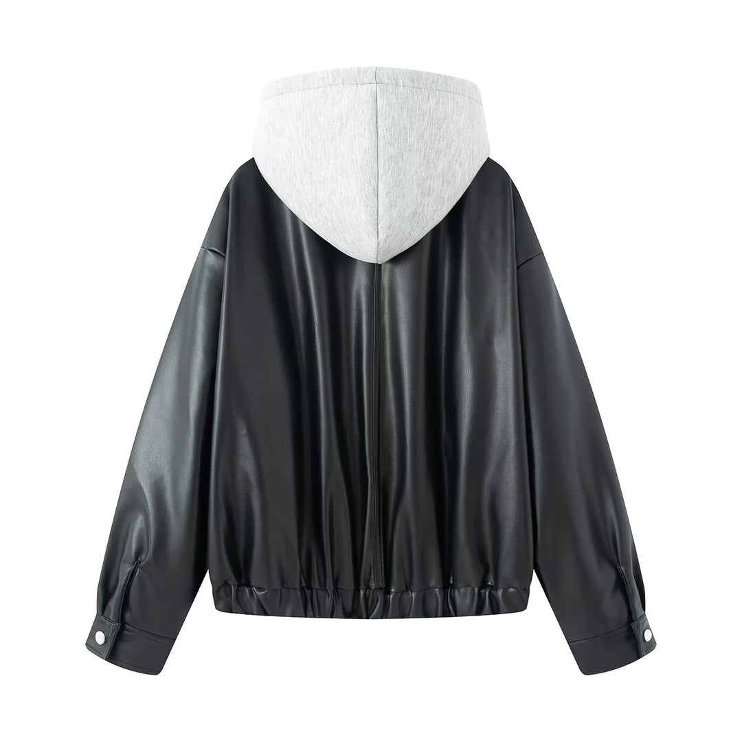 Damen nan oversized Kunstleder‑Bomberjacke mit integrierter Sweat‑Kapuze, durchgehendem Metallreißverschluss und Pattentaschen Echo Archiv