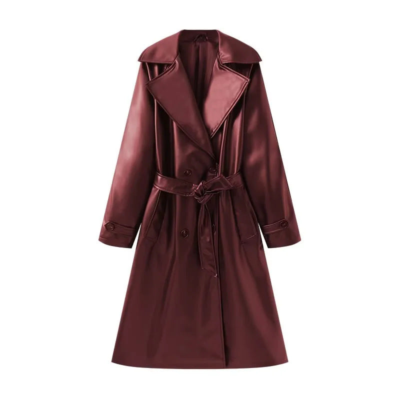 Damen lang geschnittener Trenchcoat aus veganem Lederimitat mit weitem Schalkragen und Bindegürtel – Montévia