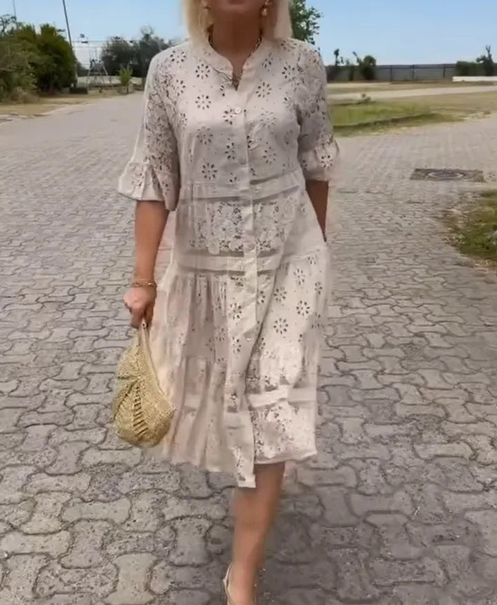 Damen nan Hemdblusen-Midikleid mit Spitzen-Einsätzen, Stufenrock und durchgehender Knopfleiste Echo Archiv
