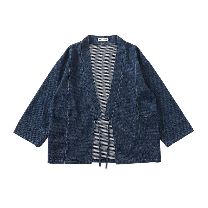 Unisex Jeans-Kimono-Jacke mit Bindegürtel und aufgesetzten Taschen Echoarchiv