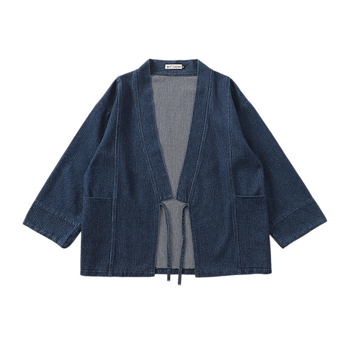 Unisex Jeans-Kimono-Jacke mit Bindegürtel und aufgesetzten Taschen Echoarchiv