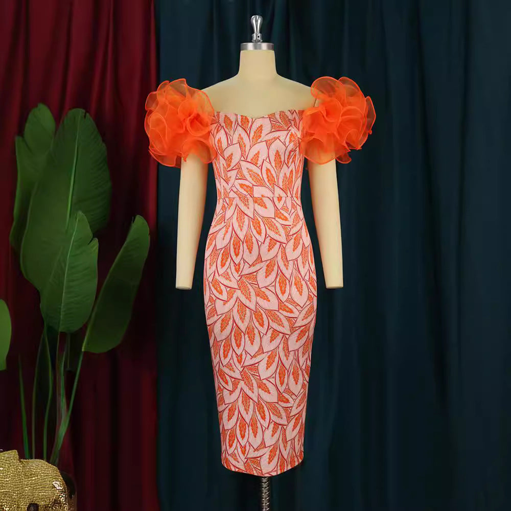 Damen Elegantes Midi-Kleid mit innovativen Puffärmeln und kunstvollem Druck Echo Archiv