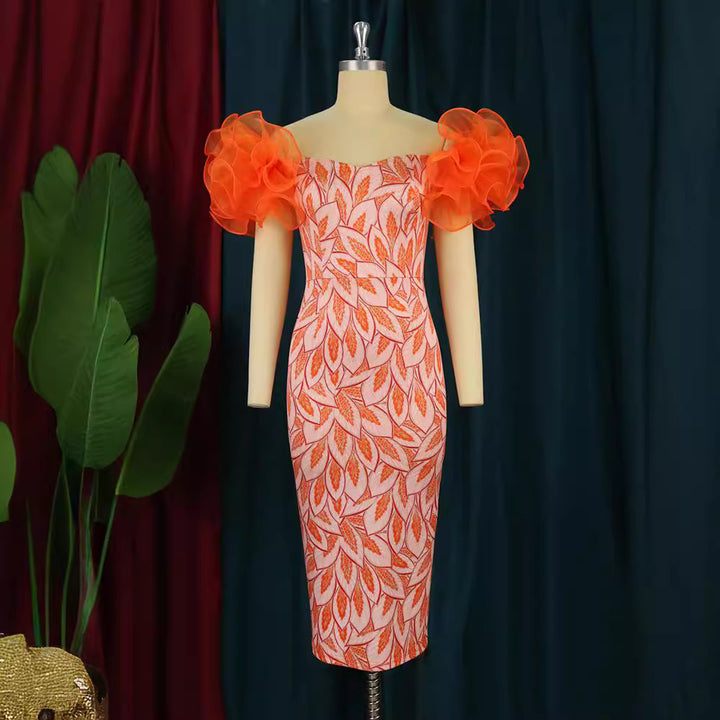 Damen Elegantes Midi-Kleid mit innovativen Puffärmeln und kunstvollem Druck Echo Archiv