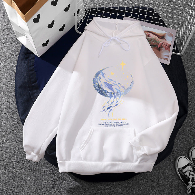 Damen Kapuzenpullover mit Mond‑und‑Wal-Illustration, Oversize-Schnitt und Kängurutasche – Auréline