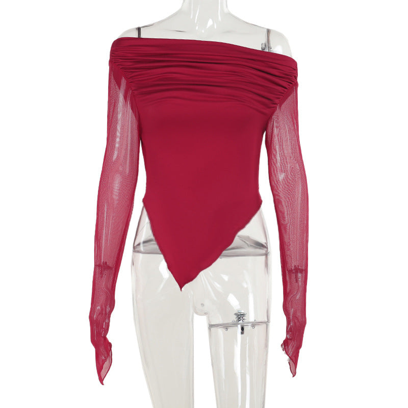 Damen elegantes Wickelshirt mit schulterfreiem Design und transparenten Ärmeln Echo Archiv