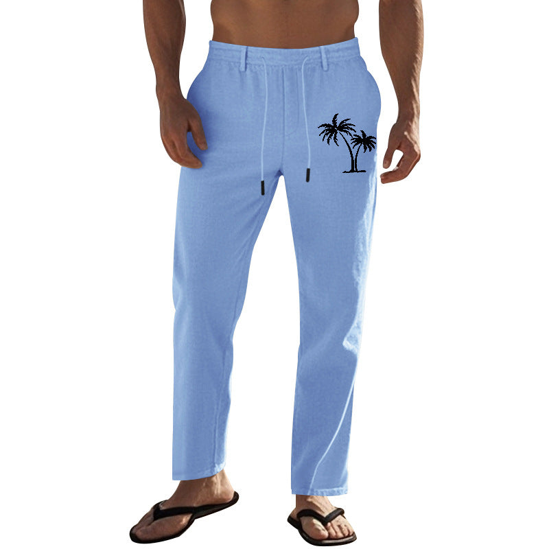 Herren Freizeithose aus leichtem Leinen mit verstellbarem Kordelzug und seitlichem Palmenmotiv Echoarchiv